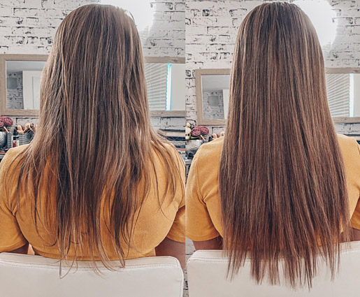 Vor und nach der Haarverlängerung 